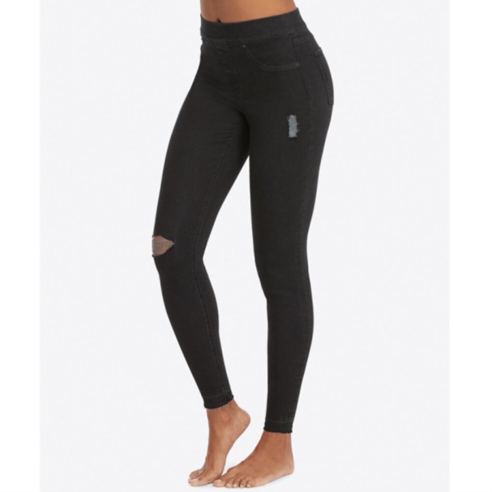 SPANX Black Distressed Faux Denim Leggings